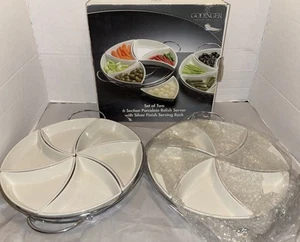 Set Of 2 GODINGER 6-Section Relish Serving Dishes Porcelain Silver Finish Racks - Picture 1 of 10