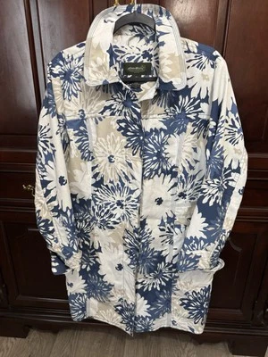 Gabardina Eddie Bauer floral blanca y azul, grande para mujer Foto 1 de 4