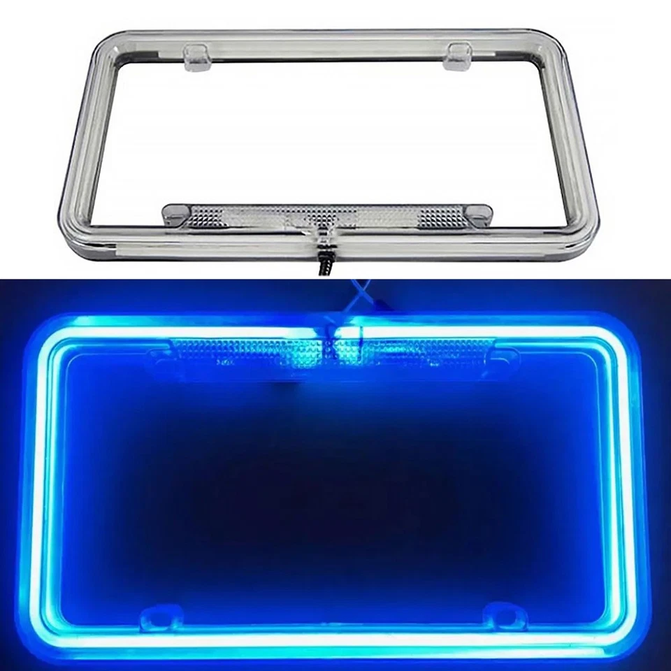 Marco de matrícula de neón para camioneta universal de 12 V cubierta de etiqueta delantera trasera de plástico azul Foto 1 de 4