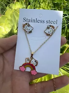 Hello Kitty Set Pendant Necklace And Earrings. Stainless Steel Jewelry Gift - Picture 1 of 2