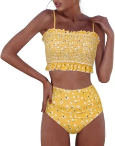 Womens Shirred Bandeau Bikini Cute Two Piece Swimsuit, Yellow Size L - Picture 1 of 4