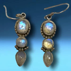Vintage 1980s Southwestern Moonstone Sterling Silver 925 Dangle Earrings Pierced - Picture 1 of 6