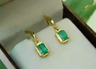 2Ct Emerald Cut Lab Created Diamond Dangle Drop Earrings 14K Yellow Gold Plated - Image 1 of 3