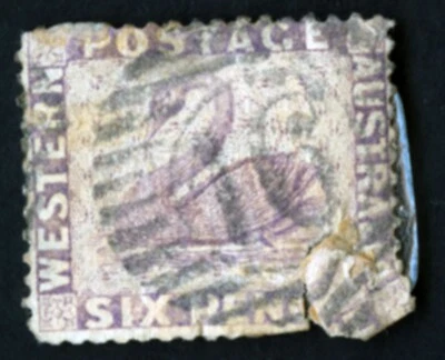 Corona marca de agua cisne violeta NSW 6 D y CC 1883 usada dañada Foto 1 de 2