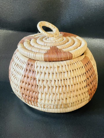 Vintage Hand Woven Coil 6” Mexican Basket with Lid Primitive Tribal Boho Cover