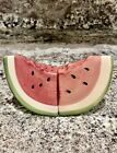 Watermelon Fruit Ceramic Salt Pepper Shakers Red Green Slices w/ Seeds 3”x3.5”