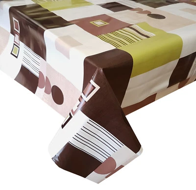 PVC TABLE CLOTH MODERN GREEN BROWN CIRCLE ABSTRACT BEIGE MOSS LIME BARS WIPEABLE - Image 1 of 3