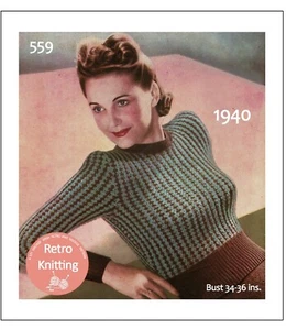 1940's Fancy Striped Sweater Knitting Pattern Bust 32-34 - Picture 1 of 1