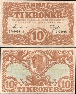 10 Kroner 1942 - Prefix S - Series: 2701056 - Denmark - Pick: 31L -"VF" - C3 - Picture 1 of 4