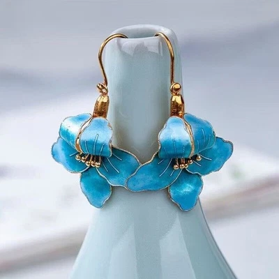 925 Silver Plated Cloisonne Flower Earrings Tassel Dangle Drop Vintage Jewelry - Image 1 of 4