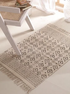 Farmhouse Cotton Area Rug Handmade Tribal Floral Border Block Print Floor Carpet - Picture 1 of 7