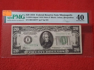 1934 $20 FEDERAL RESERVE NOTE Fr#2054-Idgsm* DGS MULE PMG 40  EXT. FINE #MF-4999 - Image 1 of 2