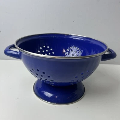 Vintage Blue Enamel Colander Strainer With Handles Farmhouse Kitchen Prop - Image 1 of 4