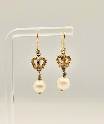 14K GF CZ and Pearl crown dangle drop earrings - Image 1 of 4