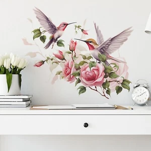 Pink Rose Hummingbird Flower Wall Stickers, sacinora Romantic Floral Art Bird... - Picture 1 of 7