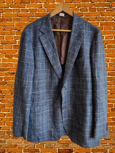 MENS E. THOMAS SIZE UK 44 BLUE CHECK TAILORED SUIT JACKET COAT WOOL SILK LINEN - Picture 1 of 6