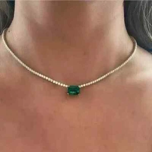 9 Ct Emerald Cut Green Emerald & Diamond Tennis Necklace 14k White Gold Plated - Picture 1 of 5
