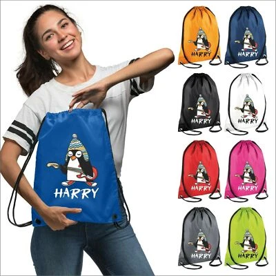 AKA TEXTILES Personalisierte Kinder Pinguin Kordelzugbeutel Fitnessstudio Schwimmen Fußball PE Sport Schultasche