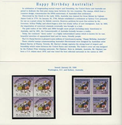 1988 Australia Bicentennial Sc US 2370 Australia 1052 in folio blocks of 4 - Image 1 of 2