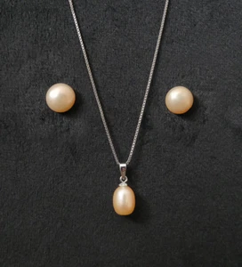 GENUINE FRESHWATER 8 mm ORANGE PEARL STUD EARRINGS & NECKLACE PENDANT 925 SILVER - Picture 1 of 8