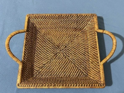 Pampered Chef Woven Selections Square Wicker Serving Basket Handles 13 x 13 - Image 1 of 4