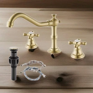 Bathroom Sink Faucet Widespread Double Cross Knobs Brushed Gold 3 Hole Mixing  - Imagen 1 de 9