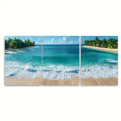 3pcs Aerial Tropical  Beach  with Palm Trees Metal Print Ready to Hang Art - Image 1 of 4