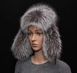 Saga Furs Silver Fox Fur & Black Leather Handmade Men's Trapper Aviator Hat - Picture 1 of 7