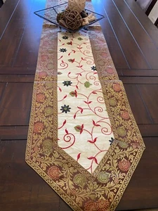 Table Runner Silk Brocade 80 Inch Beautiful Formal Ivory Brown Boho Decor gift - Picture 1 of 10