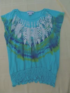 Girls L. A. Kitty Top Teal Green W/Tye Dye Look & White Feather Print Size L EUC - Picture 1 of 3