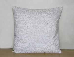 16" Indian White Gold Floral Printed Hand Block Cushion Cover Pillow Case Covers