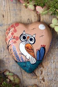 Heart Wise Old Owl & Cactus Clay Ornament Handmade by Medrano Mexican Folk Art
