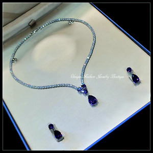 18k White Gold Filled Purple Amethyst Tennis Necklace Earrings Set Gorgeous