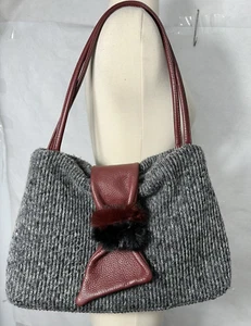 Lanzetti Mirella Dark Grey-Wool & Calfskin Leather Shoulder Bag- Made in Italy - Picture 1 of 13