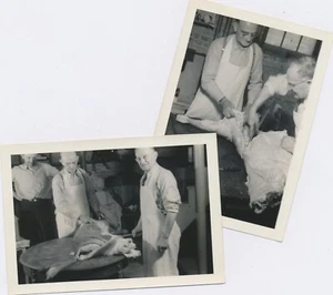 Snapshot Vintage Photos Men Apron Butchers Cutting Meat Working Occupational - Picture 1 of 12