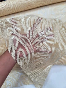 Champagne Lace Fabric By The Yard Geometric Corded Embroidered on Mesh - Picture 1 of 11