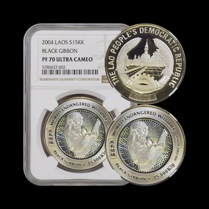 LAOS. 15000 Kip, 2004, Silver - NGC PF70 - Top Pop š„ Black Gibbon šµ Holo - Picture 1 of 5