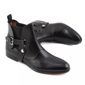 NIB $1295 SANTONI Fatte a Mano Black Chelsea Boots w/ Buckle Detail US 6.5 Shoes - Picture 1 of 9