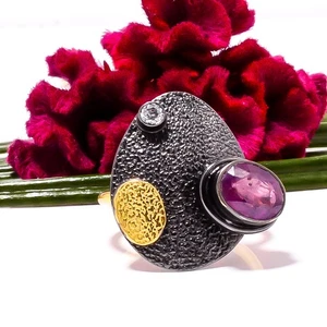 Glass Field Ruby - Simulated Gold Plated 925 Sterling Silver Ring s.8.5 Sku80 - Picture 1 of 2