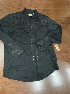 NUEVO CON ETIQUETAS Camisa Occidental Scully Hombres X-Grande Negra Floral Bordada Manga Larga A Presión - Imagen 1 de 6
