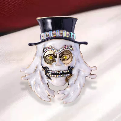 Halloween Spooky Skull Top Hat Brooch Ghost Pin Rhinestone Costume Jewelry Gift - Image 1 of 4