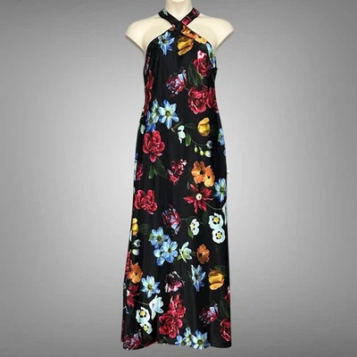 Adrianna Papell Womens Dress 14 Black Floral Satin Halter Evening Cocktail Party - Image 1 of 4
