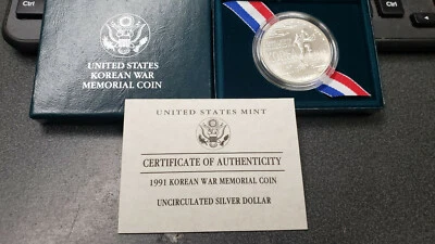 1991  Korean War Memorial Coin US Mint Uncirculated Silver Dollar w Box & COA - Image 1 of 3
