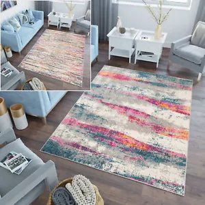 Alfombra de pelo corto moderna a rayas de colores empañada salón habitación juvenil - Imagen 1 de 17