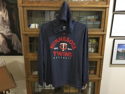 NWT Minnesota Twins MAJESTIC L/S Navy SPELL OUT Hoodie SHIRT SZ L - Cool Cover