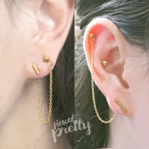 16g 20g Bar Helix to Lobe chain cartilage earring, 316l surgical steel, 2 studs - Picture 1 of 7