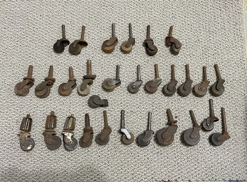 Big Lot of 29 Vintage Wooden Casters, Furniture Rollers, Antique Mixed Steampunk Cover