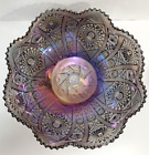 Imperial Iridescent Amethyst Smoke Carnival Art Glass 10' Bowl Hobstar Arches