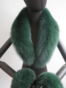 Echt Fuchspelzkragen & Paar Ärmelüberzieher/Muffs/Pelzschal Damen grün Jacke - Bild 1 von 9