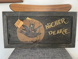 Vtg Primitive Halloween Hand Painted Picture Higher Dearie Witch Crow Broomstick - Picture 1 of 6